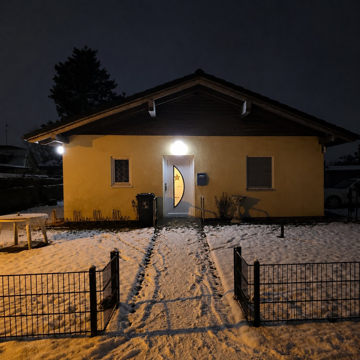 Schneebedeckter Kolonieweg bei Nacht