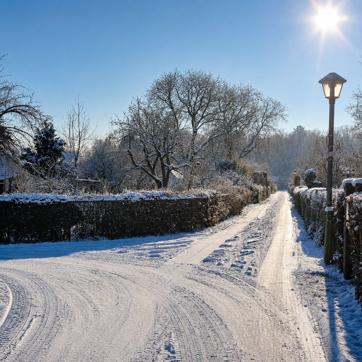 Sonnige Kolonieallee im Schnee